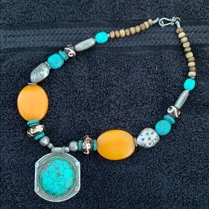 2/$30 VINTAGE TIBETAN AMBER & TURQUOISE NECKLACE